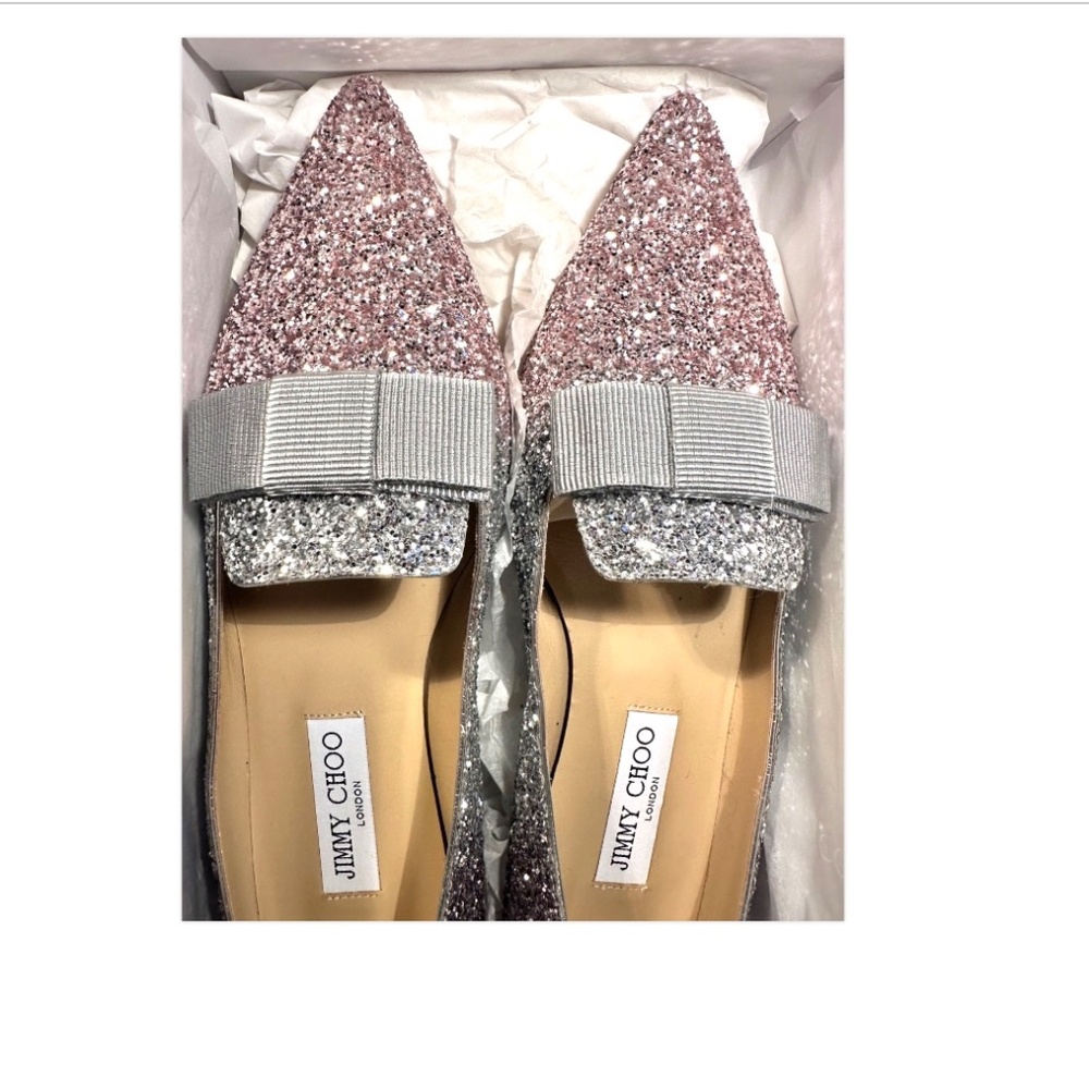 Jimmy Choo Glitter Flats with Bow Accent - Picture 2 of 7